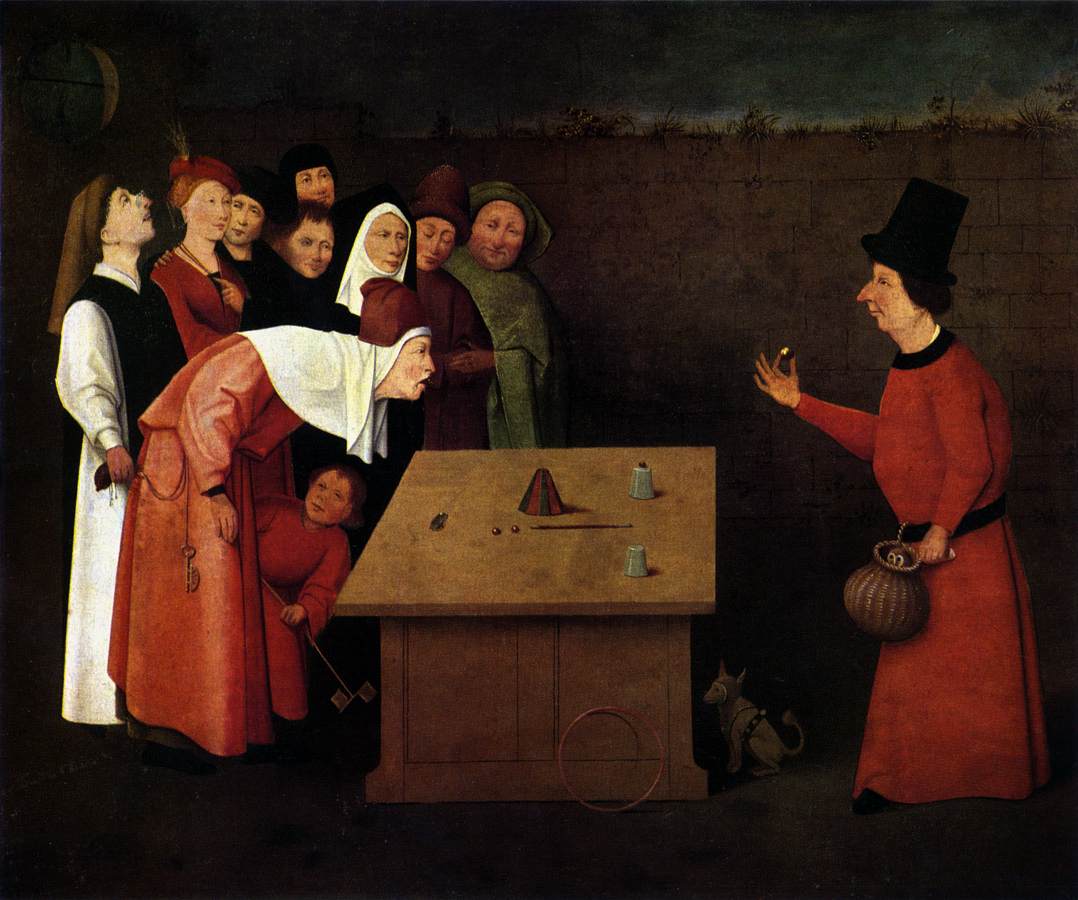 "The Conjurer," painted by Hieronymus Bosch (between 1496 - 1520). The painting accurately displays a performer doing the cups and balls routine, which has been practiced since Egyptian times. The shell game does have some origins in this old trick. The real trick of this painting is the pickpocket who is working for the conjurer. The pickpocket is robbing the spectator who is bent over. (Source: Wikipedia)